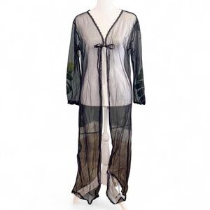 Elegant Moments Black Sheer Robe Small Lace Trim Long Lingerie Cover Up
